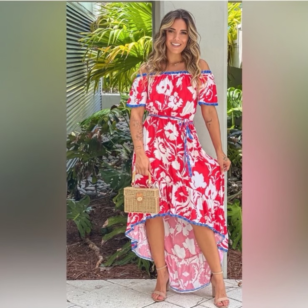 Flying Tomato Red and White Floral High Low Dress